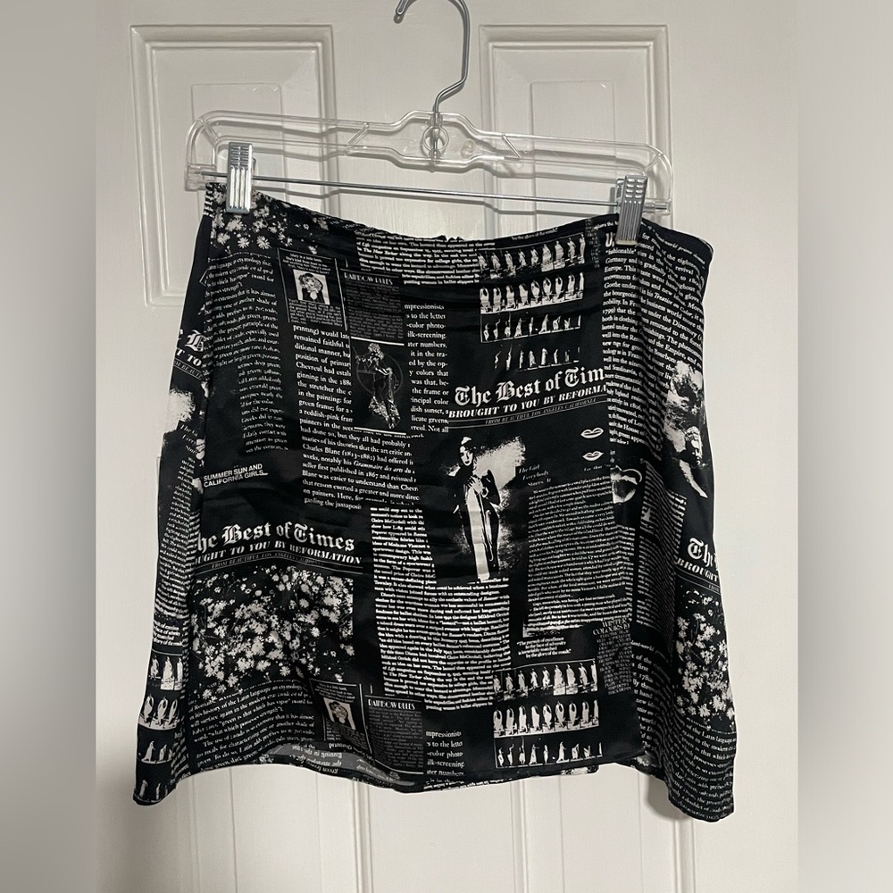Reformation Black and White Newspaper Print Mini Skirt